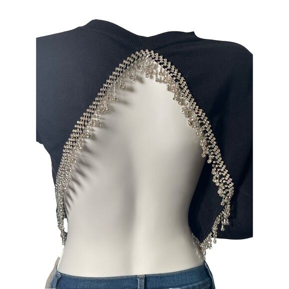 Forever 21 Long Sleeve Ribbed Crystal Fringe Open Back Crop Top Black Small - Picture 4 of 7